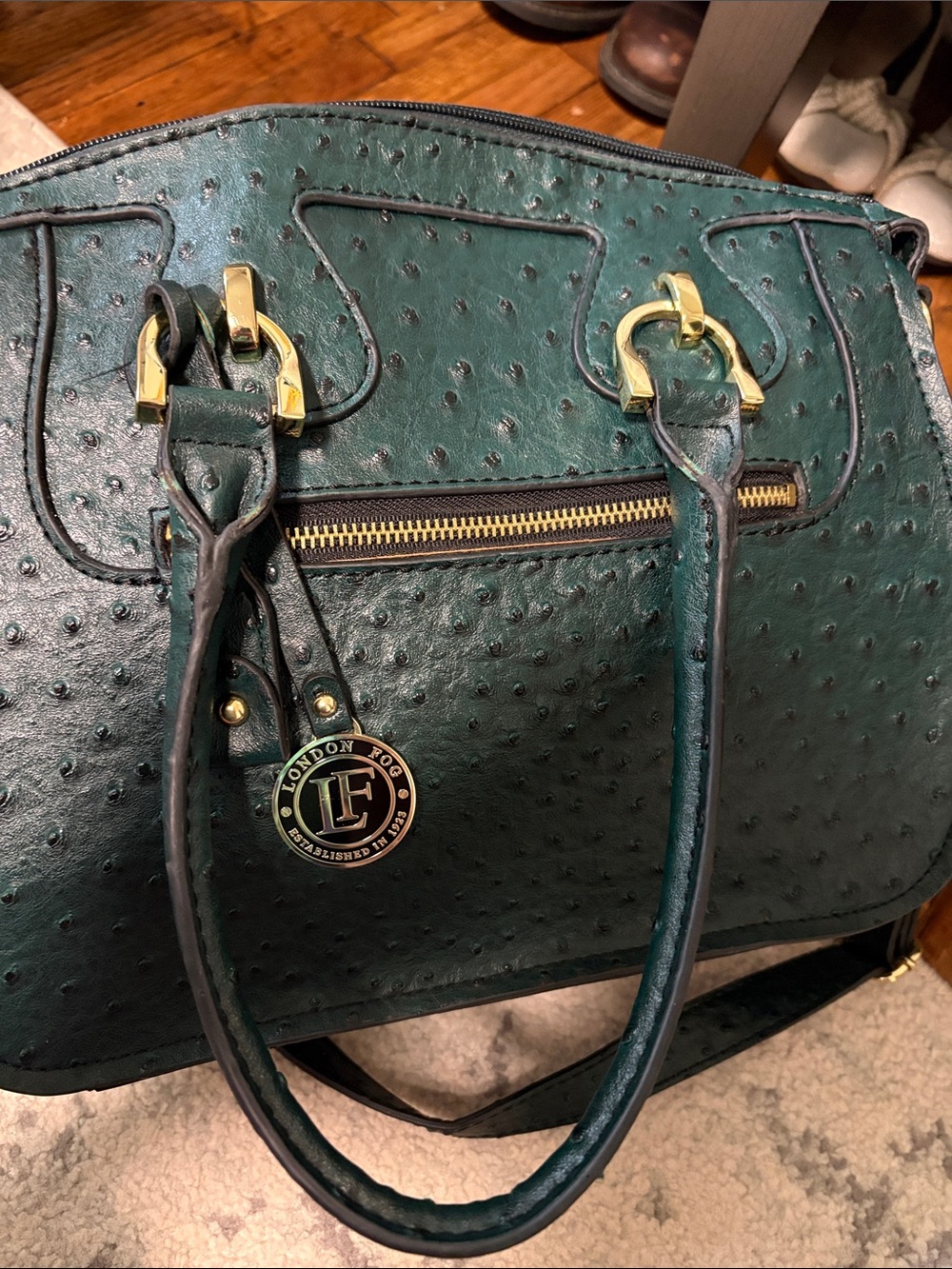 London Fog Dark Green Ostrich-Embossed Simulated Leather Satchel Handbag - Picture 4 of 12